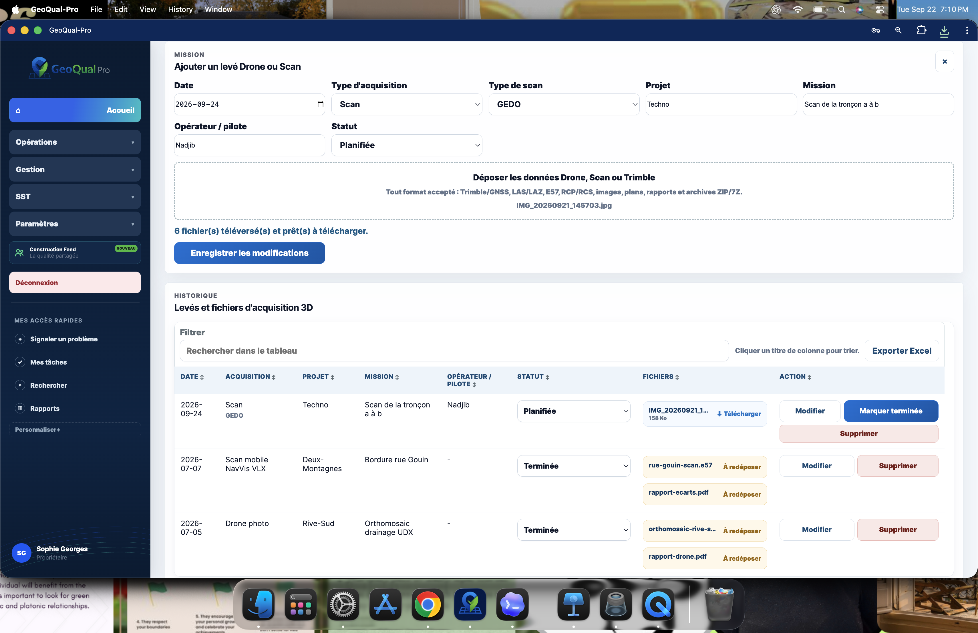 Mission terrain, fichiers et historique dans GeoQual-Pro
